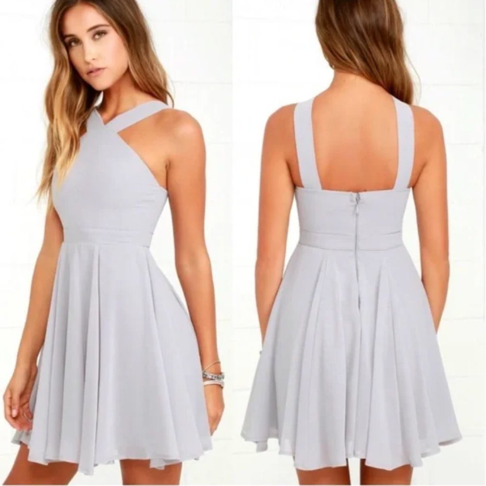 Lulus Forevermore Gray Sleeveless Halter Mini Skater Dress – XS